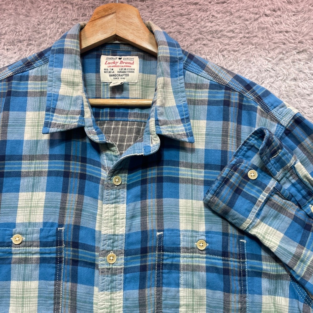 Lucky Brand Mens Large Blue Plaid Classic Fit Button Down Shirt Long Sleeve
